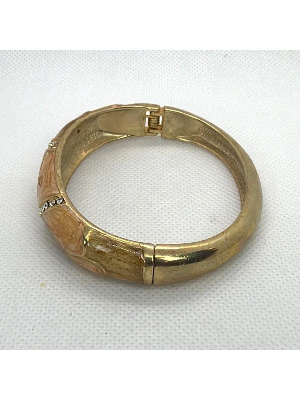 VTG Art Deco Enamel Gold Tone Hinged Bangle Rhinestone Clamper Retro Bracelet - Picture 9 of 16